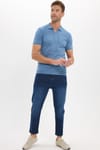 Erkek Slim Fit Dar Kesim %100 Pamuk Örme Triko Fermuarlı İndigo Polo Yaka Tişört