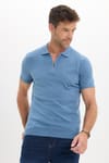 Erkek Slim Fit Dar Kesim %100 Pamuk Örme Triko Fermuarlı İndigo Polo Yaka Tişört
