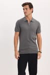 Erkek Slim Fit Dar Kesim %100 Pamuk Örme Triko Fermuarlı Füme Polo Yaka Tişört