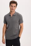 Erkek Slim Fit Dar Kesim %100 Pamuk Örme Triko Fermuarlı Füme Polo Yaka Tişört