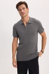 Erkek Slim Fit Dar Kesim %100 Pamuk Örme Triko Fermuarlı Füme Polo Yaka Tişört