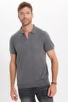 Erkek Slim Fit Dar Kesim %100 Pamuk Örme Triko Fermuarlı Füme Polo Yaka Tişört