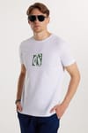 Erkek Slim Fit Dar Kesim %100 Pamuk Yumuşak Dokulu Baskılı Beyaz Bisiklet Yaka Tişört