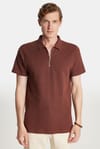 Erkek Slim Fit Dar Kesim %100 Pamuk Fermuarlı Kahverengi Polo Yaka Tişört