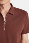 Erkek Slim Fit Dar Kesim %100 Pamuk Fermuarlı Kahverengi Polo Yaka Tişört