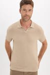 Erkek Slim Fit Dar Kesim Viskon Kumaş Desenli Düz Pike Düğmesiz Vizon Polo Yaka Tişört
