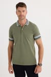 Erkek Slim Fit Dar Kesim %100 Pamuk Düz Pike Yaka ve Kol Detaylı Haki Polo Yaka Tişört