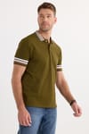 Erkek Slim Fit Dar Kesim %100 Pamuk Düz Pike Yaka ve Kol Detaylı Koyu Haki Polo Yaka Tişört