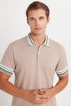 Erkek Slim Fit Dar Kesim %100 Pamuk Düz Pike Yaka ve Kol Detaylı Bej Polo Yaka Tişört