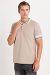 Erkek Slim Fit Dar Kesim %100 Pamuk Düz Pike Yaka ve Kol Detaylı Bej Polo Yaka Tişört