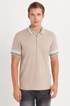 Erkek Slim Fit Dar Kesim %100 Pamuk Düz Pike Yaka ve Kol Detaylı Bej Polo Yaka Tişört