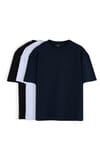 Unisex 3'lü Paket Lacivert-Beyaz-Siyah Oversize Geniş Kesim %100 Pamuk Basic Bisiklet Yaka Tişört