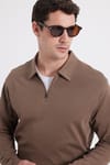 Erkek Relax Fit Rahat Kesim %100 Pamuk Yarım Fermuarlı Polo Yaka İnterlok Koyu Vizon Sweatshirt