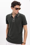 Erkek Slim Fit Dar Kesim %100 Pamuk Kısa Kollu Yarım Fermuarlı Yeşil Polo Yaka Tişört