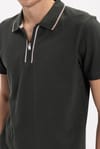 Erkek Slim Fit Dar Kesim %100 Pamuk Kısa Kollu Yarım Fermuarlı Yeşil Polo Yaka Tişört