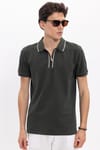 Erkek Slim Fit Dar Kesim %100 Pamuk Kısa Kollu Yarım Fermuarlı Yeşil Polo Yaka Tişört