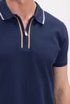 Erkek Slim Fit Dar Kesim %100 Pamuk Kısa Kollu Yarım Fermuarlı Lacivert Polo Yaka Tişört