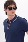 Erkek Slim Fit Dar Kesim %100 Pamuk Kısa Kollu Yarım Fermuarlı Lacivert Polo Yaka Tişört