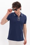 Erkek Slim Fit Dar Kesim %100 Pamuk Kısa Kollu Yarım Fermuarlı Lacivert Polo Yaka Tişört