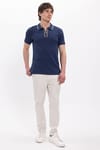 Erkek Slim Fit Dar Kesim %100 Pamuk Kısa Kollu Yarım Fermuarlı Lacivert Polo Yaka Tişört
