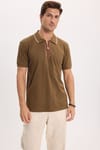 Erkek Slim Fit Dar Kesim %100 Pamuk Kısa Kollu Yarım Fermuarlı Vizon Polo Yaka Tişört