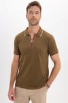 Erkek Slim Fit Dar Kesim %100 Pamuk Kısa Kollu Yarım Fermuarlı Vizon Polo Yaka Tişört