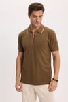 Erkek Slim Fit Dar Kesim %100 Pamuk Kısa Kollu Yarım Fermuarlı Vizon Polo Yaka Tişört