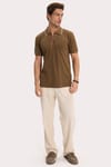 Erkek Slim Fit Dar Kesim %100 Pamuk Kısa Kollu Yarım Fermuarlı Vizon Polo Yaka Tişört