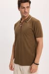 Erkek Slim Fit Dar Kesim %100 Pamuk Kısa Kollu Yarım Fermuarlı Vizon Polo Yaka Tişört