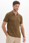 Erkek Slim Fit Dar Kesim %100 Pamuk Kısa Kollu Yarım Fermuarlı Vizon Polo Yaka Tişört