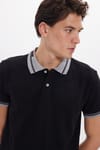 Erkek Slim Fit Dar Kesim %100 Pamuk Düz Pike Yaka ve Kol Detaylı Siyah Polo Yaka Tişört
