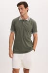 Erkek Slim Fit Dar Kesim %100 Pamuk Düz Pike Yaka ve Kol Detaylı Haki Polo Yaka Tişört