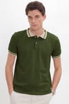 Erkek Slim Fit Dar Kesim %100 Pamuk Düz Pike Yaka ve Kol Detaylı Haki Polo Yaka Tişört