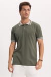 Erkek Slim Fit Dar Kesim %100 Pamuk Düz Pike Yaka ve Kol Detaylı Haki Polo Yaka Tişört