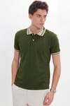 Erkek Slim Fit Dar Kesim %100 Pamuk Düz Pike Yaka ve Kol Detaylı Haki Polo Yaka Tişört