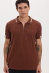 Erkek Slim Fit Dar Kesim %100 Pamuk Kısa Kollu Fermuarlı Kahverengi Polo Yaka Tişört