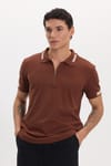 Erkek Slim Fit Dar Kesim %100 Pamuk Kısa Kollu Fermuarlı Kahverengi Polo Yaka Tişört
