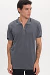 Erkek Slim Fit Dar Kesim %100 Pamuk Kısa Kollu Fermuarlı Antrasit Polo Yaka Tişört
