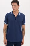 Erkek Slim Fit Dar Kesim %100 Pamuk Kısa Kollu Fermuarlı Lacivert Polo Yaka Tişört