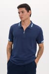 Erkek Slim Fit Dar Kesim %100 Pamuk Kısa Kollu Fermuarlı Lacivert Polo Yaka Tişört