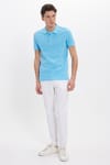 Erkek Slim Fit Dar Kesim %100 Pamuk Kısa Kollu Polo Yaka Mavi Tişört