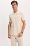 Erkek Slim Fit Dar Kesim %100 Pamuk Kısa Kollu Polo Yaka Ekru Tişört