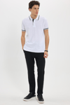 Erkek Slim Fit Dar Kesim %100 Pamuk Düz Pike Yaka ve Kol Detaylı Beyaz Polo Yaka Tişört