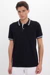 Erkek Slim Fit Dar Kesim %100 Pamuk Düz Pike Yaka ve Kol Detaylı Siyah Polo Yaka Tişört