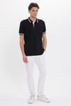 Erkek Slim Fit Dar Kesim %100 Pamuk Düz Pike Yaka ve Kol Detaylı Siyah Polo Yaka Tişört