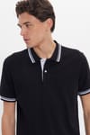 Erkek Slim Fit Dar Kesim %100 Pamuk Düz Pike Yaka ve Kol Detaylı Siyah Polo Yaka Tişört