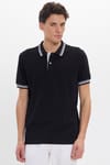 Erkek Slim Fit Dar Kesim %100 Pamuk Düz Pike Yaka ve Kol Detaylı Siyah Polo Yaka Tişört