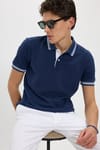 Erkek Slim Fit Dar Kesim %100 Pamuk Düz Pike Yaka ve Kol Detaylı Lacivert Polo Yaka Tişört