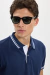 Erkek Slim Fit Dar Kesim %100 Pamuk Düz Pike Yaka ve Kol Detaylı Lacivert Polo Yaka Tişört