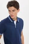 Erkek Slim Fit Dar Kesim %100 Pamuk Düz Pike Yaka ve Kol Detaylı Lacivert Polo Yaka Tişört